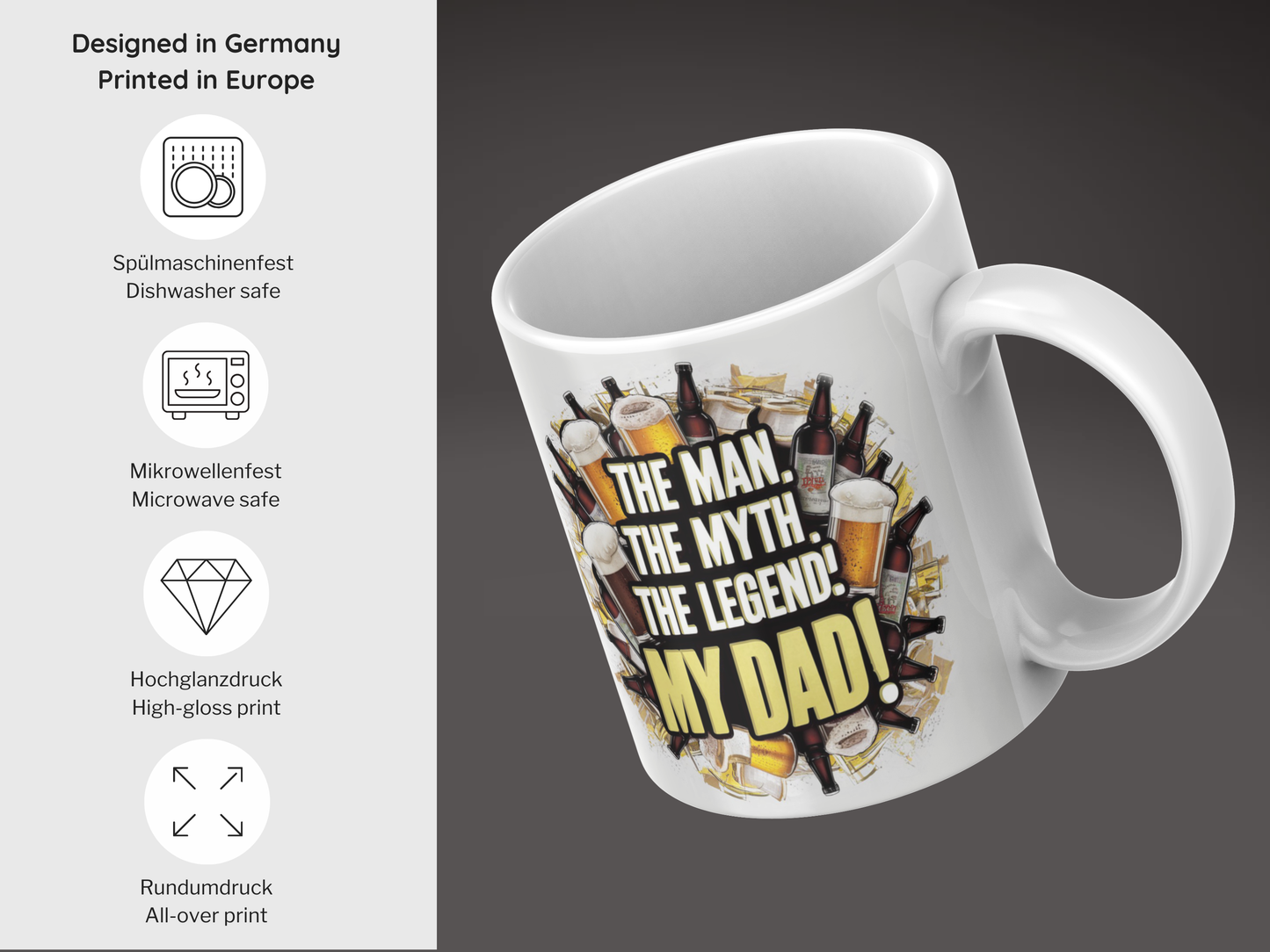 Tasse "The Man. The Myth. The Legend! My Dad!" - Weiße Keramiktasse mit Biermotiv, Vatertagsgeschenk - Kaffee Becher