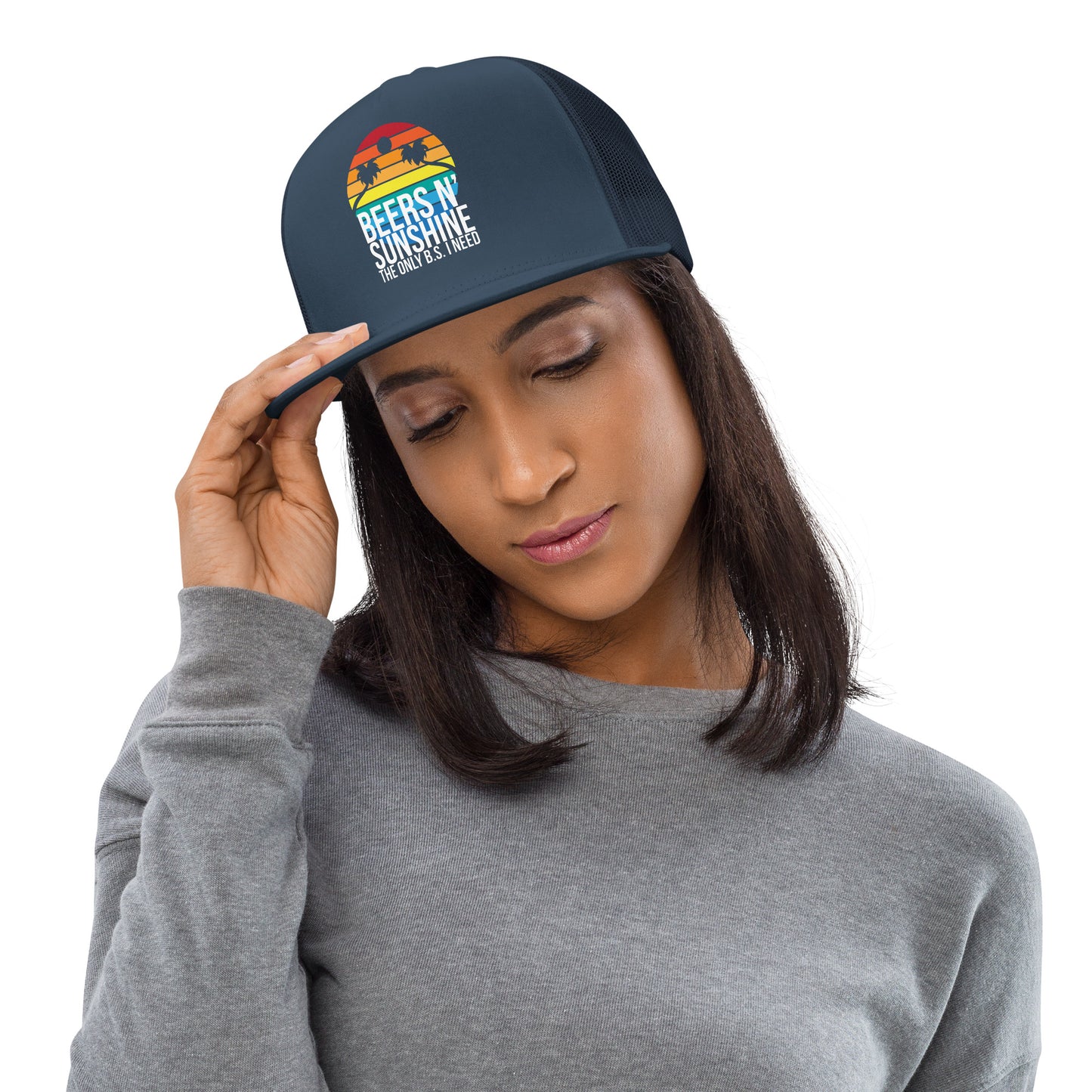 Trucker-Cap Beers n Sunshine – Bunte Sonne mit Palmen, Bierliebhaber Geschenk, Sommer Accessoire, Snapback Hut, Craftbeer Kappe