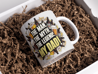 Tasse "The Man. The Myth. The Legend! My Dad!" - Weiße Keramiktasse mit Biermotiv, Vatertagsgeschenk - Kaffee Becher