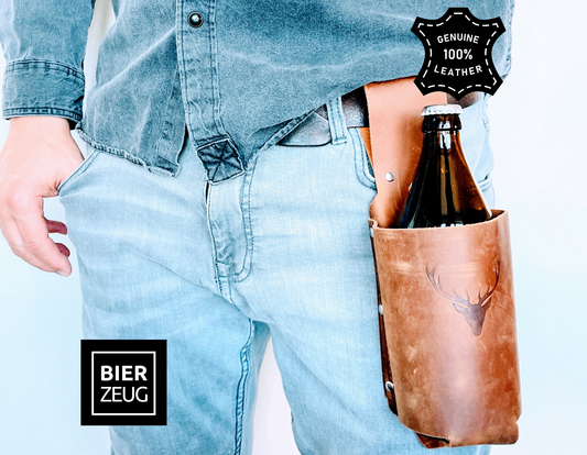 Bierholster Gürtelholster Getränkehalter für Bierflaschen | Einzigartiges Männergeschenk | Echtes Leder oder Filz | Karneval Fasching Kostüm