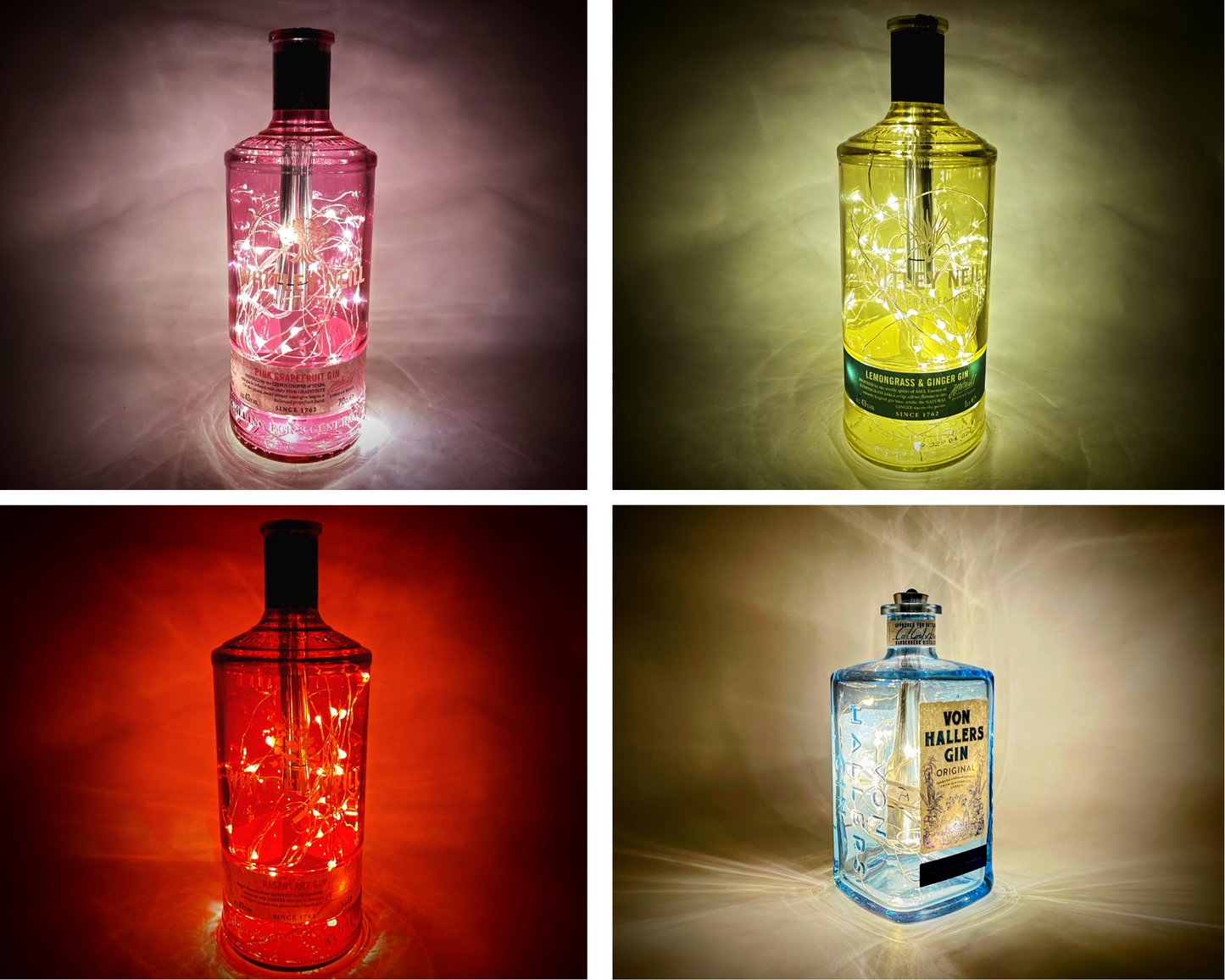 Gin-Glow - Die Magischen LED-Flaschen | Upcycling Gin-Flaschen mit LED-Licht | LED-Flaschen-Lampen für Bar und Vitrine | Inklusive Timer