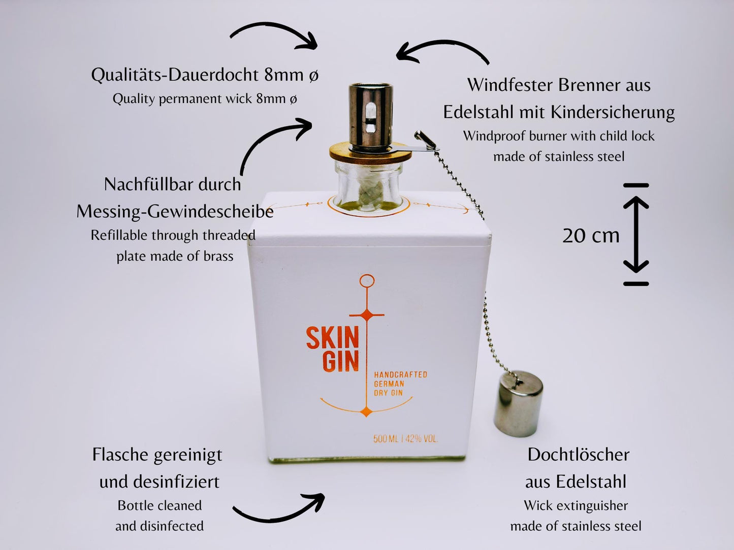 Gin Öllampe “Skin“ | Handgemachte Öllampe aus Skin Gin Flaschen | Upcycling | Handgefertigt | Individuell | Geschenk | Deko | H:20cm, 0,5l