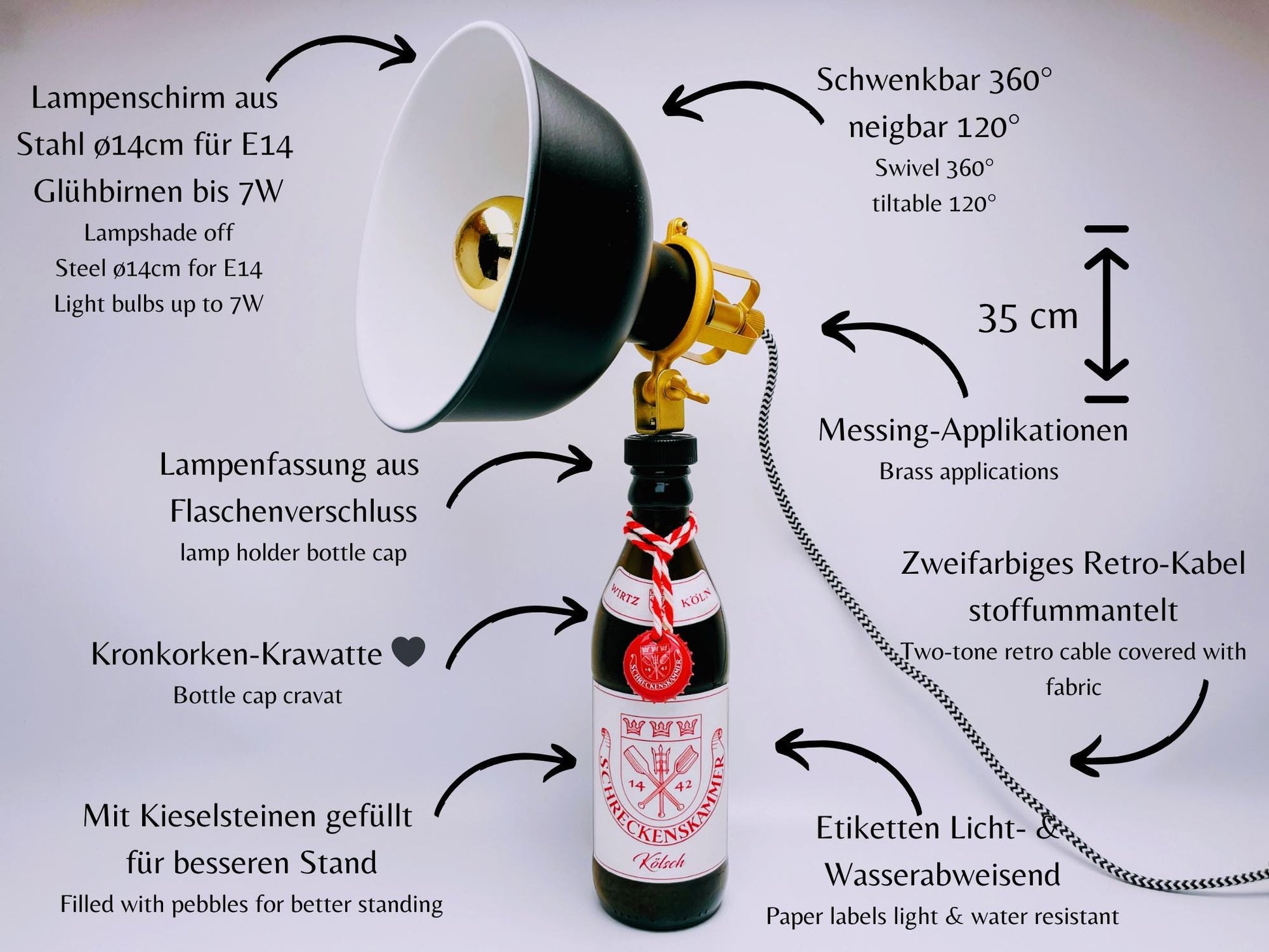 Kölsch-Lampe "Kölsche Funzel" | Handgemachte Tischlampe aus Bierflasche | Upcycling Deko-Leuchte | Perfektes Geschenk für Bier- und Köln-Fan