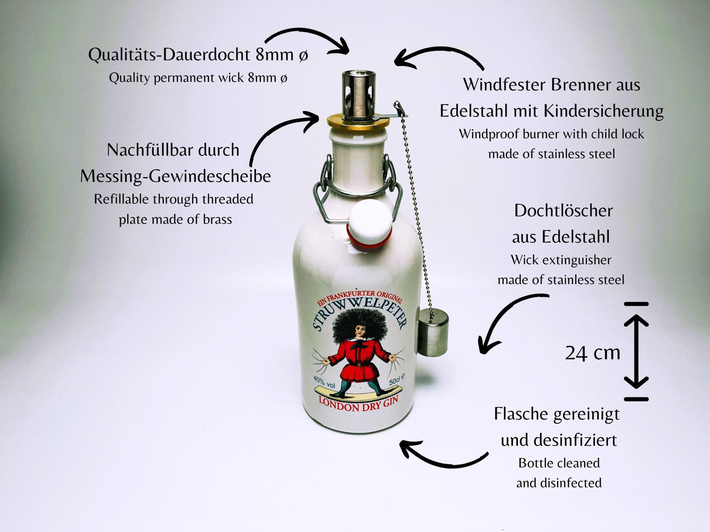 Gin Öllampe “Struwwelpeter“ | Handgemachte Öllampe aus Struwwelpeter Gin Flaschen | Upcycling | Handgefertigt | Geschenk | Deko | Frankfurt