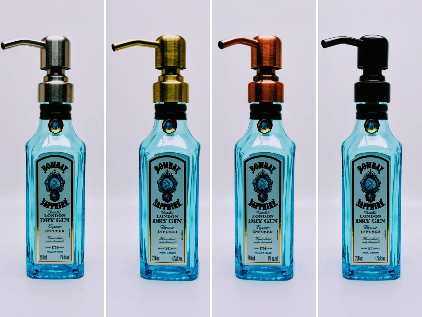 Gin-Seifenspender "Bombay Bubbles" | Upcycling Pumpspender aus Bombay Gin-Flasche | Nachfüllbar mit Seife etc. | Bad Deko Geschenk England