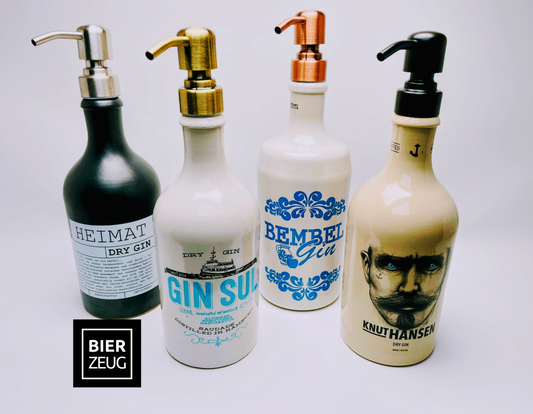 Gin-Seifenspender "Keramik" | Upcycling Pumpspender aus Steingut-Flaschen | Nachfüllbar mit Seife, Lotion, Bartöl | Bad Deko Geschenk