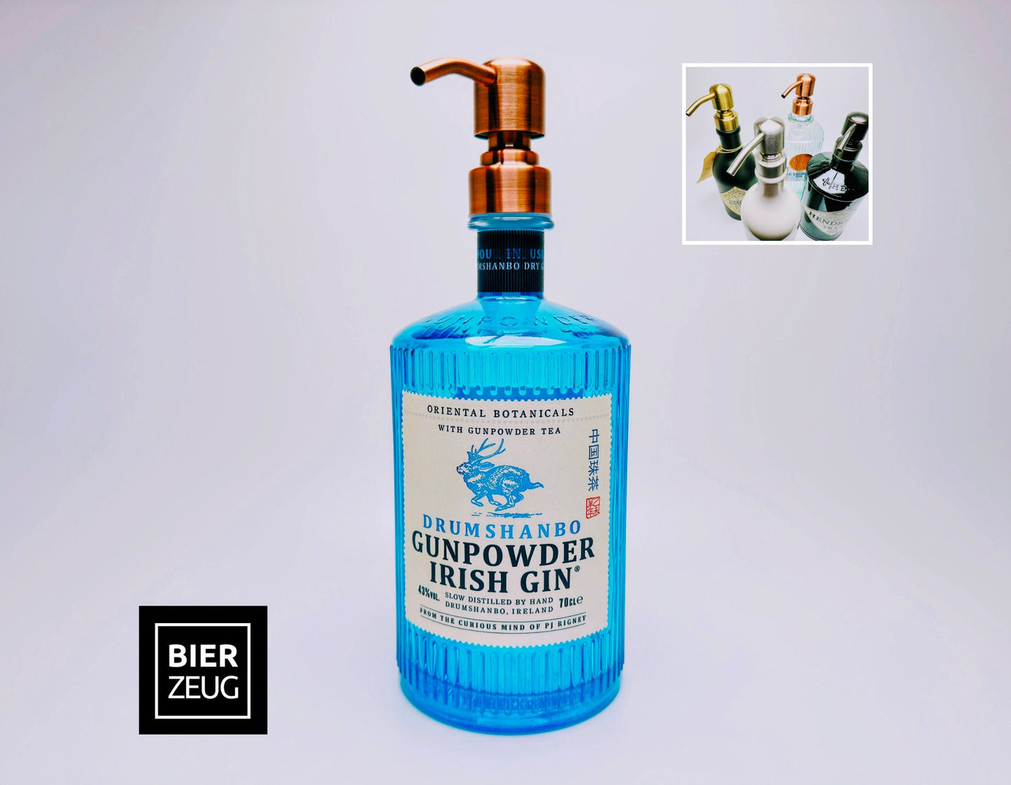 Gin-Seifenspender "Gunpowder" | Upcycling Pumpspender aus Gunpowder-Flasche | Nachfüllbar mit Seife, Lotion | Bad Deko Geschenk Irland