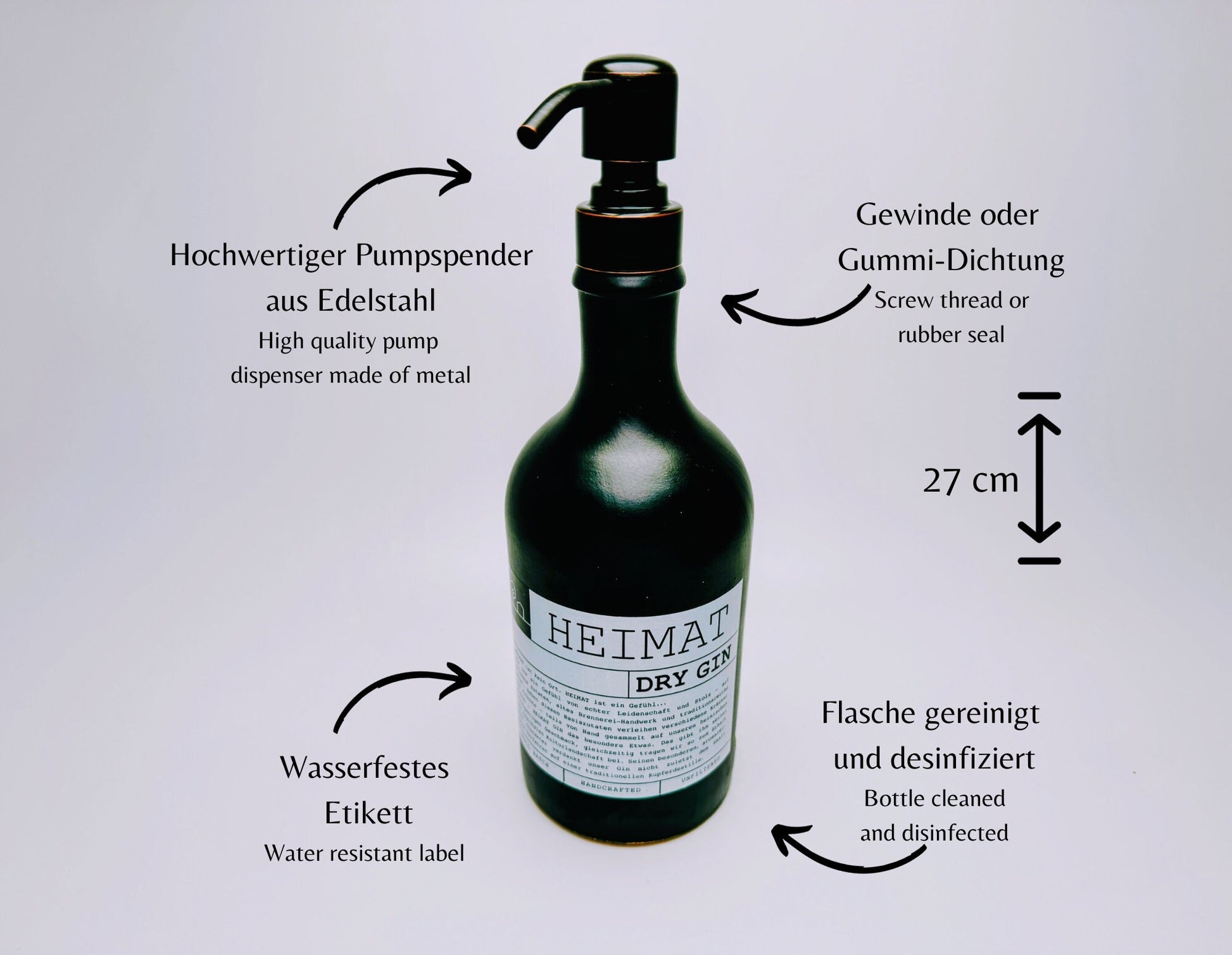 Gin-Seifenspender “Heimat” | Upcycling Pumpspender aus Heimat Gin Flaschen | Nachfüllbar mit Seife, Spüli | Deko Bad Geschenk | 500ml